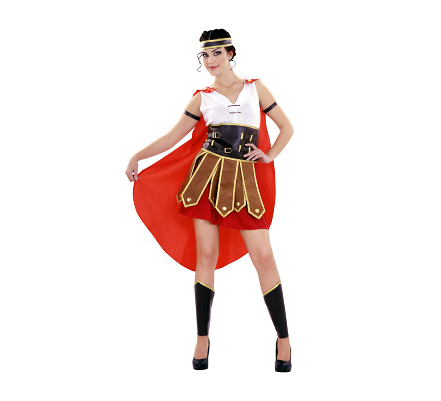 Disfraz de Centuriona para mujer. Talla Standar M-L = 38/42. Incluye vestido, cinturón, capa, adorno brazo, cinta para la cabeza y cubre piernas. También se usa como disfraz de Guerrera Romana para teatros o Cabalgatas en Navidad.