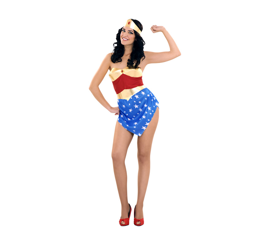 Disfraz de Super Americana Sexy para mujer. Talla standar M-L 38/42. Incluye vestido, calentadores, brazaletes y antifaz. Ideal como pareja del Capitán América.