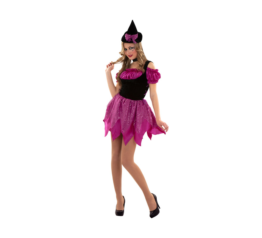 Disfraz de Bruja Moderna rosa para mujer. Talla S 34/38 para chicas delgadas y adolescentes. Incluye vestido, gargantilla y diadema.