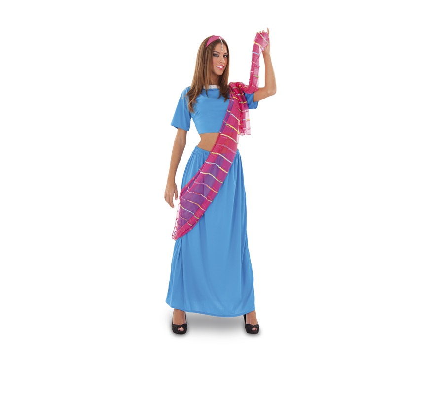 Disfraz de Dhara para mujer. Talla standar M-L 38/42. Incluye top, falda, manto y diadema. También sirve como disfraz de Bailarina India de Bollywood.