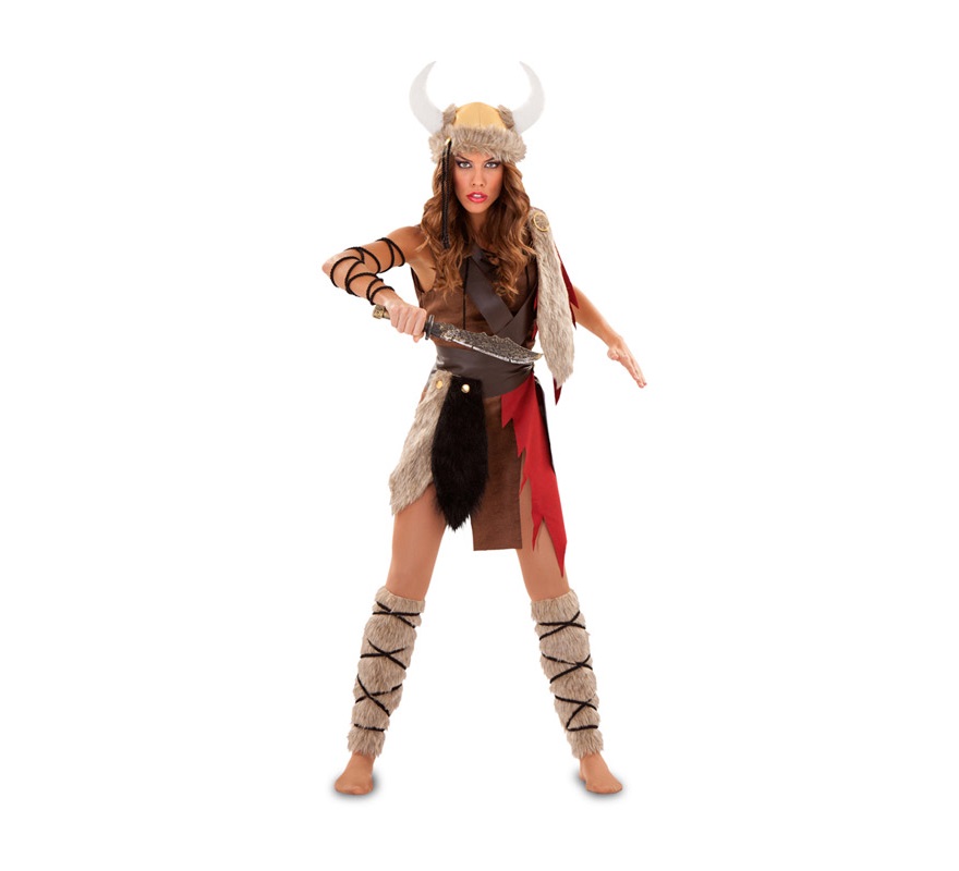 Disfraz de Vikinga o Theodhild para mujer. Talla Standar M-L 38/42. Incluye vestido, cinturón, calentadores y tres cordones. Casco y cuchillo NO incluidos, podrás verlos en la sección de Complementos.
