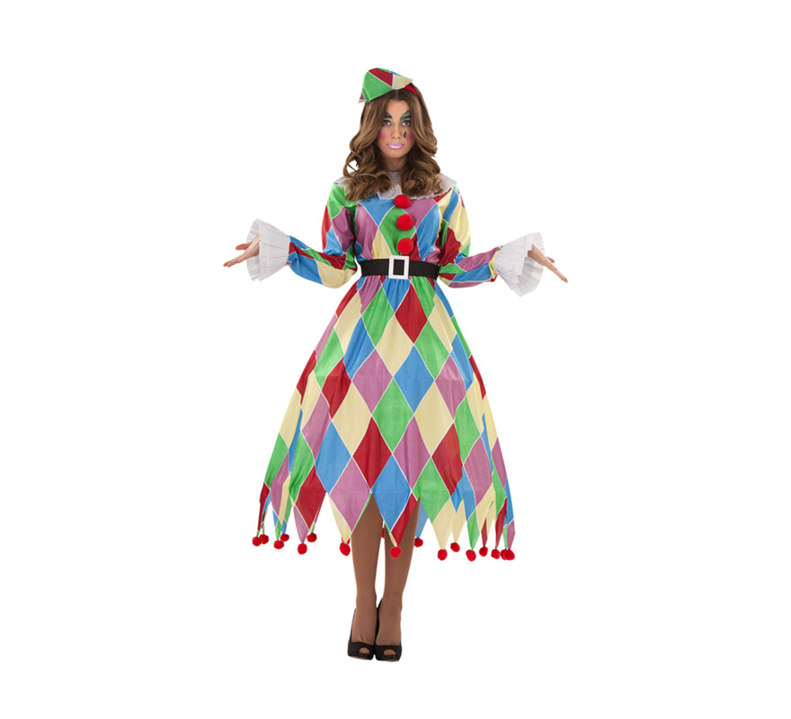 Disfraz de Arlequina para mujer talla M-L. Incluye vestido, tocado y cinturón.