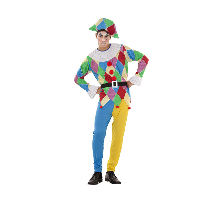 Disfraz de Arlequín para hombre talla M-L. Incluye pantalón, cinturón, camisa y gorro.