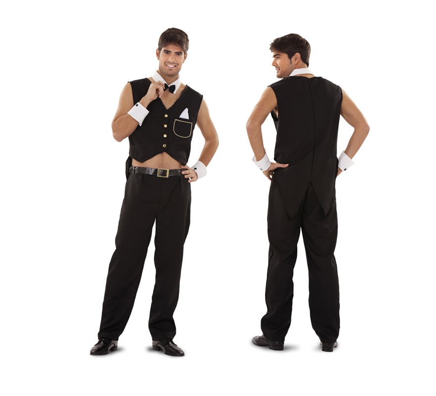 Disfraz de Mayordomo Sexy para hombre. Talla Standar M-L 52/54. Incluye chaleco, pantalón. cinturón, cuello y puños. Ideal para Despedidas de Soltero.