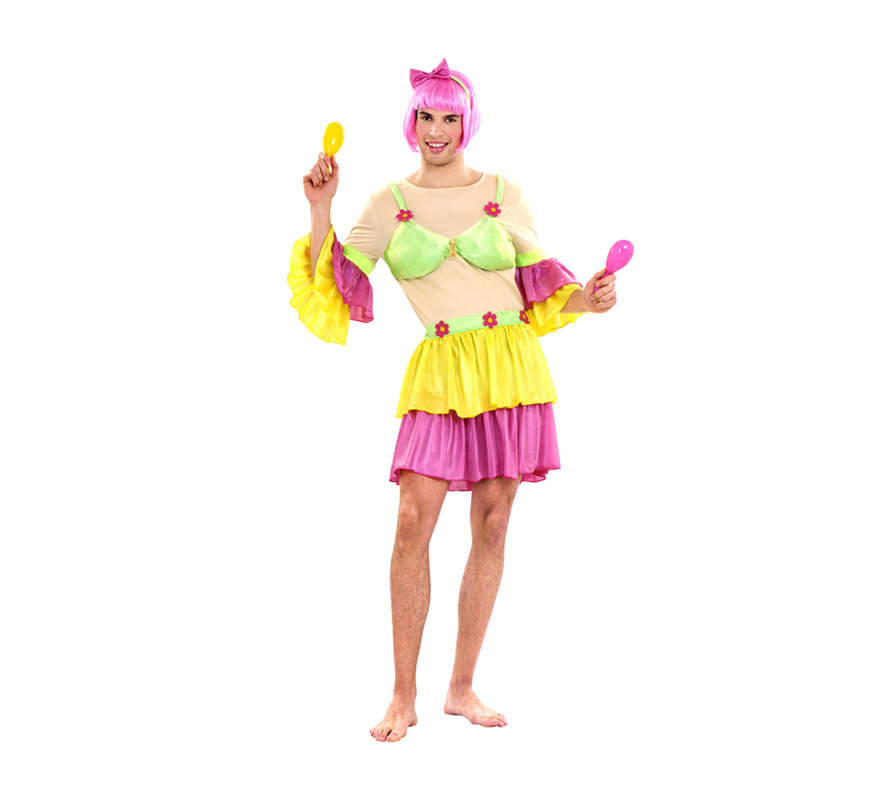 Disfraz de Salsa para hombre. Talla standar M-L 52/54. Incluye camisa, falda y diadema. Maracas y peluca NO incluidas, podrás verlas en la sección de Complementos. Ideal para Despedidas de Soltero.