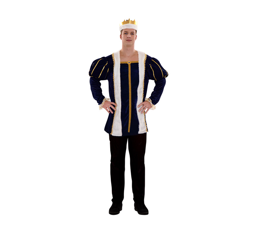 Disfraz de Rey Medieval azul para hombre. Talla standar M-L = 52/54. Incluye pantalón, camisa y corona. Ideal como disfraz de Principe Medieval.