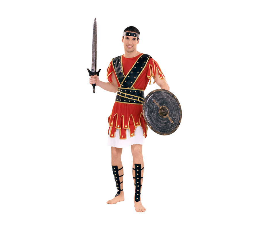 Disfraz de Centurión para hombre. Talla Standar M-L = 52/54. Incluye vestido, cinturón, cinta de la cabeza y adorno piernes. Escudo y espada NO incluidos, podrás verlos en la sección de Complementos. También se usa como disfraz de Guerrero Romano para teatros o Cabalgatas en Navidad.