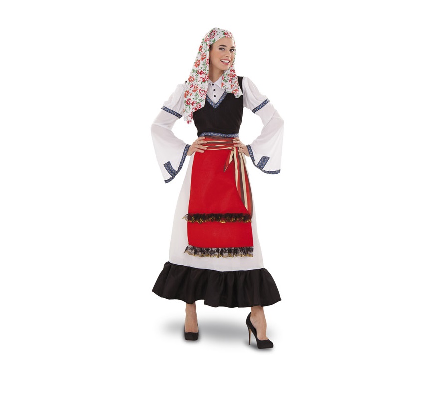 Disfraz de Griega para mujer. Talla standar M-L = 38/42. Incluye pañuelo de la cabeza, camisa, chaleco, fajín y falda. También sirve como disfraz de Pastora o de Pastorcilla de Navidad.