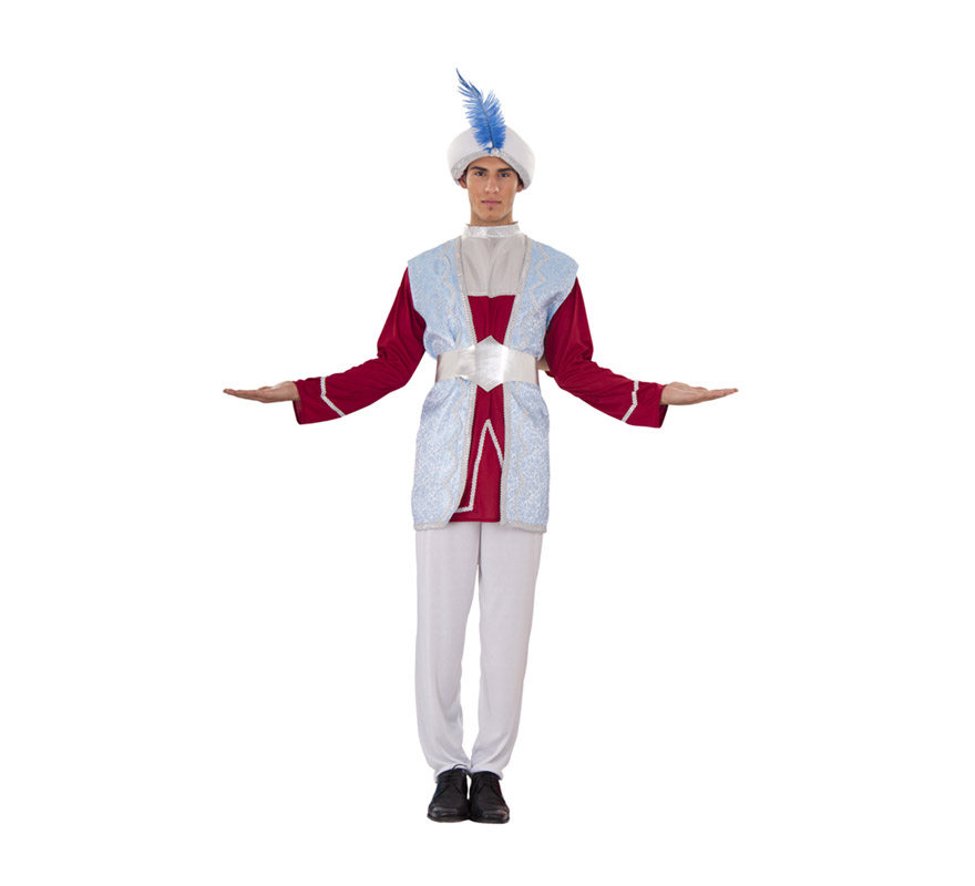 Disfraz de Rajá o Paje para hombre. Talla standar M-L = 52/54. Incluye turbante, casaca, chaleco largo, pantalón y cinturón. Disfraz de Paje para Navidad.