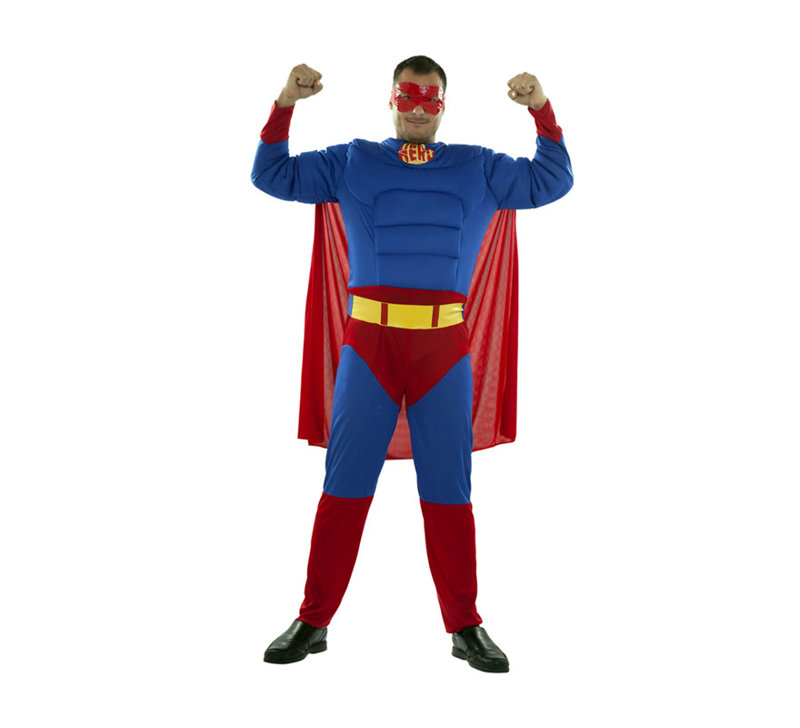 Disfraz barato de Héroe Musculoso adulto. Talla XXL = 58/62. Incluye mono con relleno imitando músculos, cinturón, antifaz y capa. Para disfrazarte e ir igual que el mismísimo Superman. Perfecto para Despedidas de Soltero.