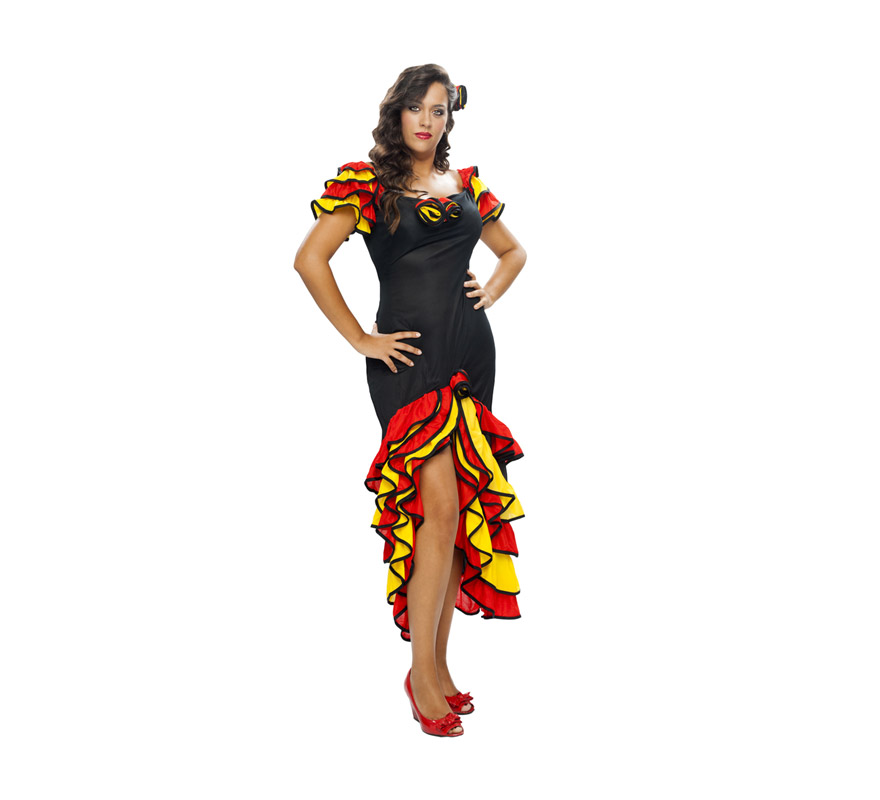 Disfraz de Bailarina de Rumba barato para Carnaval. Talla XXL. Incluye vestido y flor para el pelo. También sirve como disfraz de Rumbera y Andaluza o Sevillana.