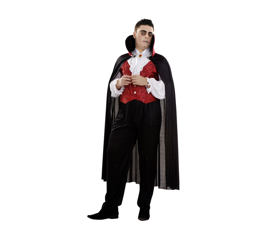 Disfraz de Vampiro Gótico adulto para Halloween. Talla XL 54/58. Incluye camisa con chaleco, capa con cuello y pantalón. Disfraz de Drácula barato para Halloween. 