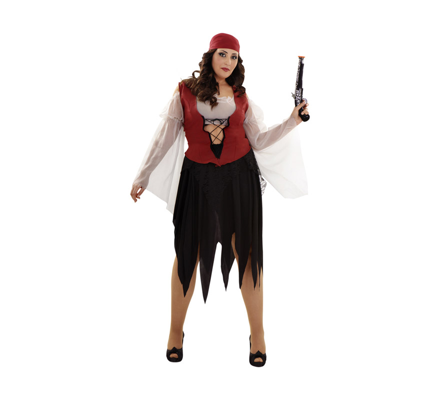 Disfraz de mujer Pirata adulta. Talla XL = 44/48. Incluye camisa con chaleco, falda y pañuelo. Trabuco NO incluido, podrás verlo en la sección de Complemetos.