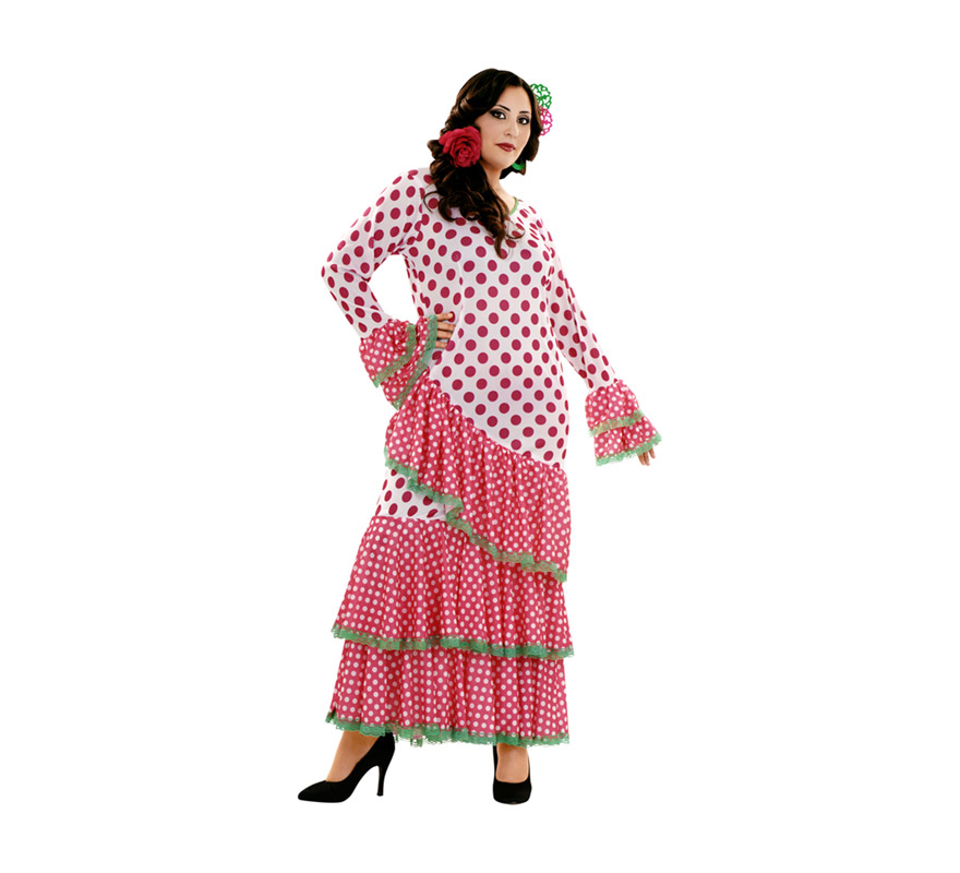 Disfraz Bulería rosa y blanco para mujer. Talla XL = 44/48. Incluye vestido. Accesorios NO incluidos, podrás ver algunas referencias en la sección de Complementos. Disfraz de Flamenca, Sevillana o Gitana perfecto para la Feria.