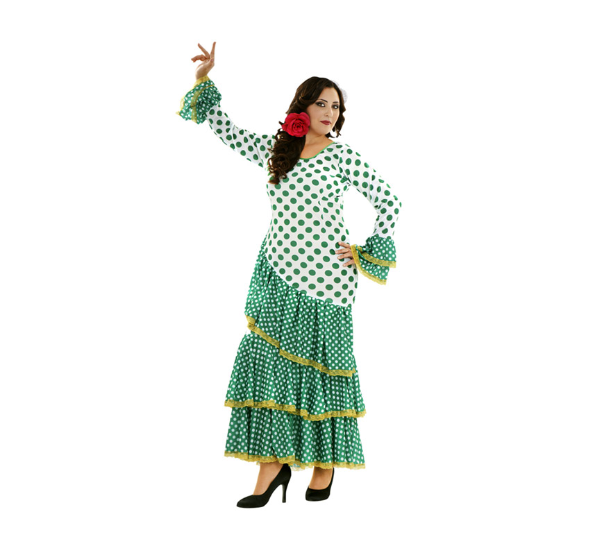 Disfraz de Soleá verde y blanco para mujer. Talla XL = 44/48.  Incluye vestido. Disfraz de Sevillana, Flamenca o Gitana para mujer.