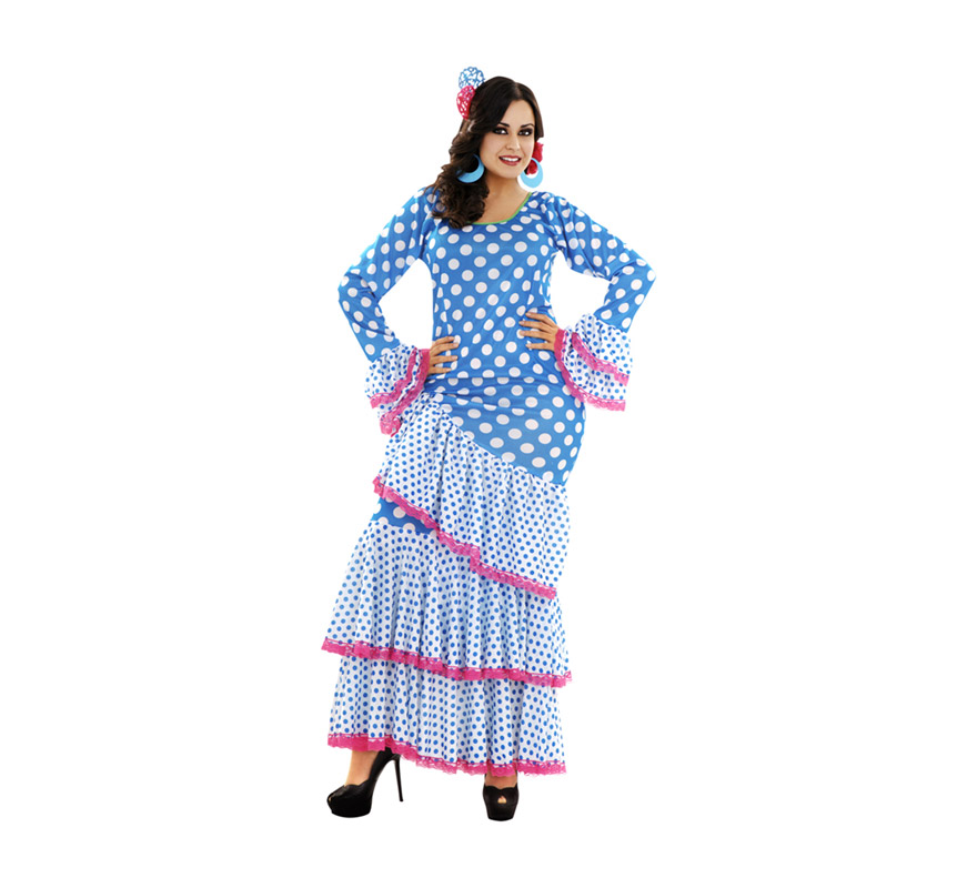 Disfraz de Zambra azul y blanco para mujer. Talla XL = 44/48. Incluye vestido. Accesorios NO incluidos, podrás ver algunos modelos en la sección de Complementos. Disfraz de Sevillana, Flamenca o Gitana perfecto para la Feria. Oole!