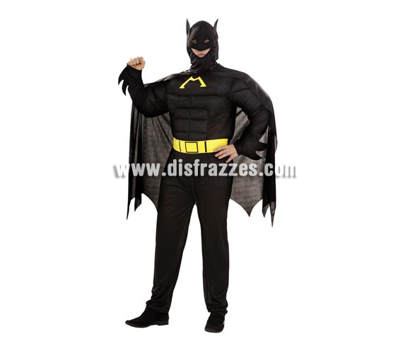 Disfraz barato de Murciélago Musculoso o de Madman para hombre. Talla XL 54/58. Incluye mono con músculos, cinturón y capa con capucha. Con éste disfraz, Batman te tendría envidia,