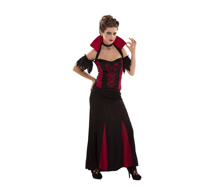 Disfraz de Señora Vampiresa para mujer. Talla S 34/38 para chicas delgadas o adolescentes. Incluye top con cuello, falda y gargantilla. 