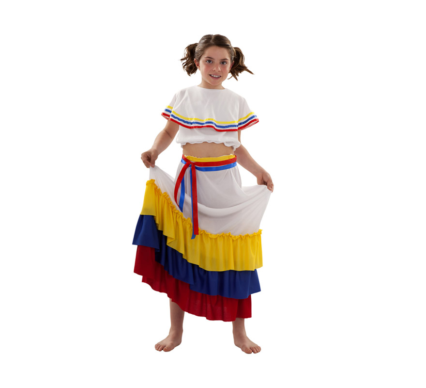 Disfraz de Sudamericana para niñas de 7 a 9 años. Incluye falda, blusa y dos cintas.