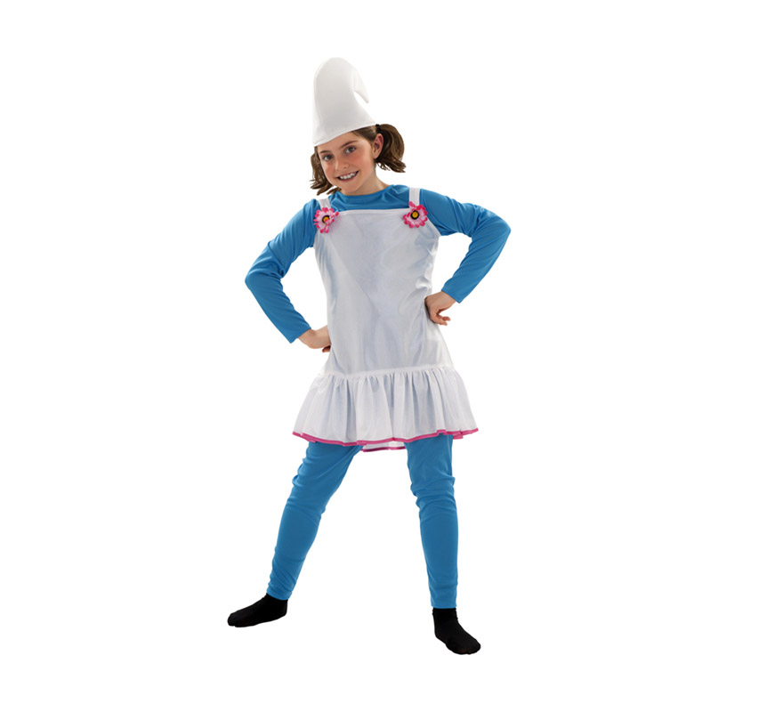 Disfraz de Duende o de Enanita Azul para niñas de 3 a 4 años. Incluye gorro, camiseta,  mallas y vestido. Ideal para imitar a los Pitufos.