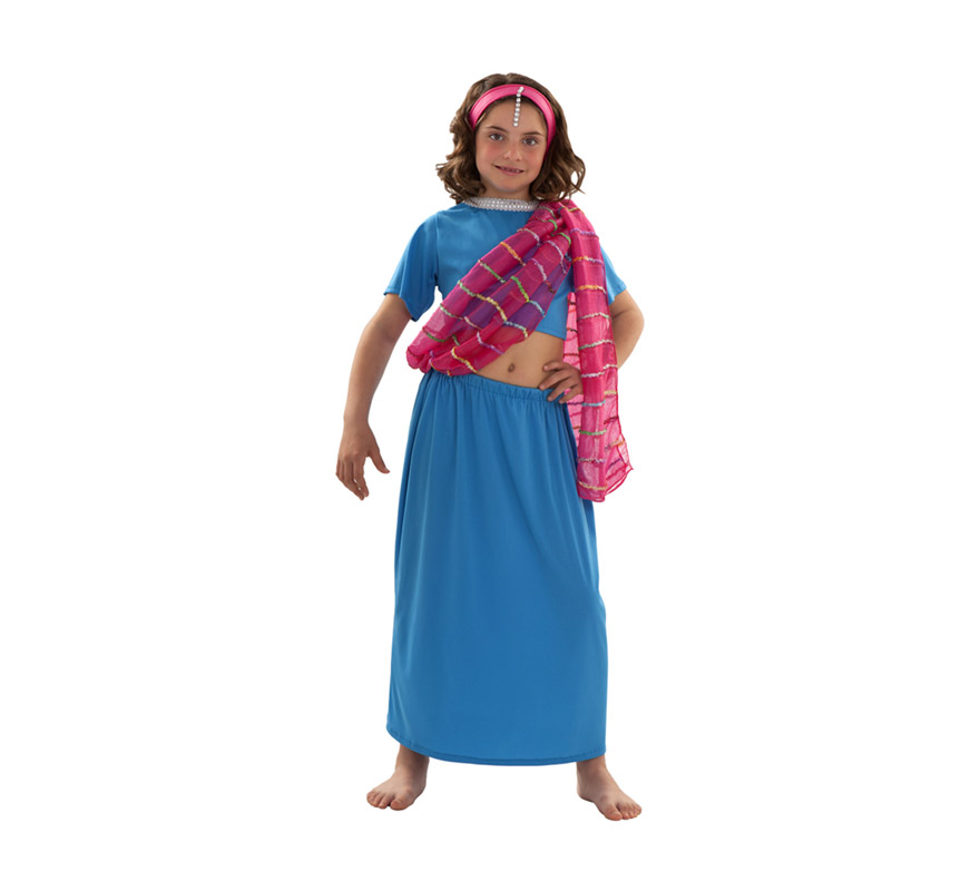 Disfraz de Dhara para niñas de 5 a 6 años. Incluye top. falda, manto y diadema. También sirve como disfraz de Bailarina India de Bollywood.