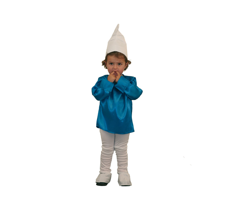 Disfraz de Duende Azul para niños de 1 a 2 años. Incluye gorro, camisa, pantalón y cubrezapatos. Con éste disfraz cualquier niño o niña se lo pasará bomba jugando a ser como Los Pitufos.