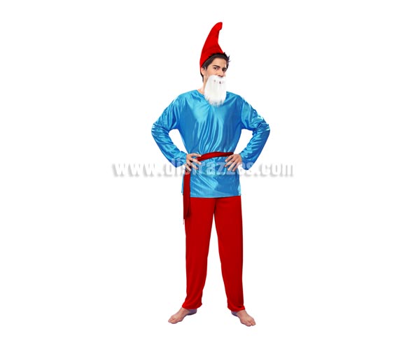 Disfraz de Duende rojo para hombre talla M-L. Incluye camisa, pantalón, sombrero y cinturón. Barba NO incluida, podrás verla en la sección de Complementos. Con éste disfraz te parecerás a Papá Pitufo.