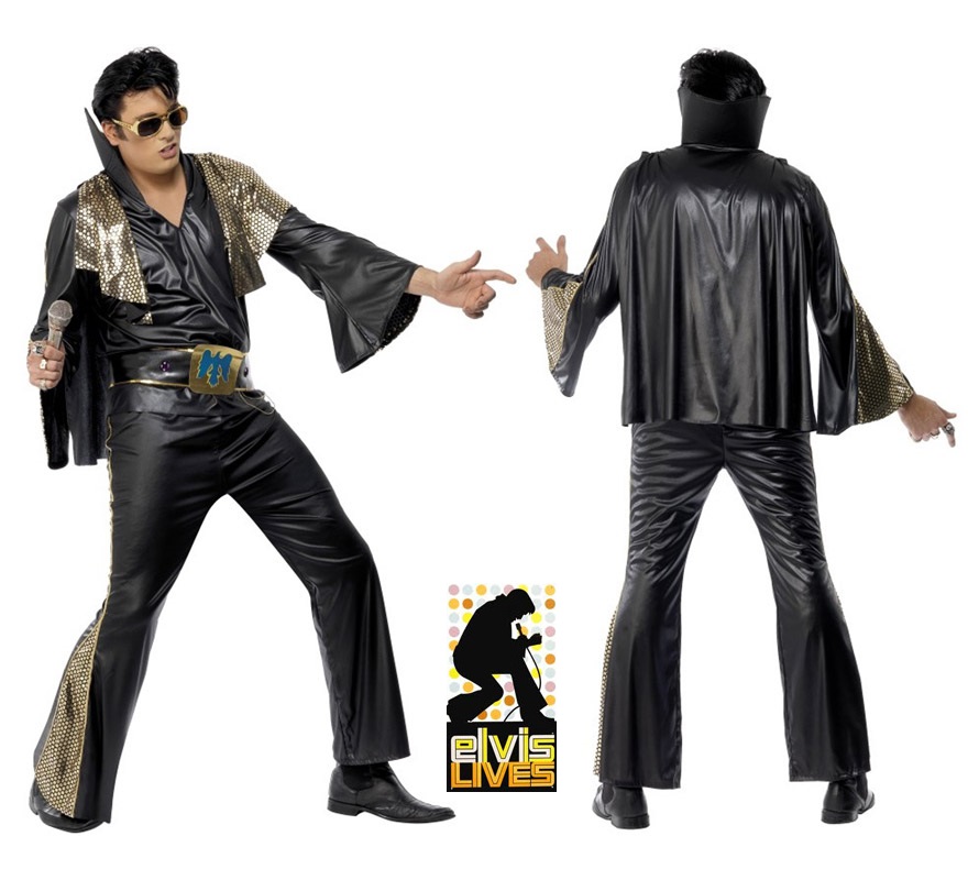 Disfraz de Elvis negro para hombre talla L. Incluye camisa, pantalón, capa y cinturón. Peluca, gafas y micrófono NO incluidos, podrás verlos en la sección de Complementos.