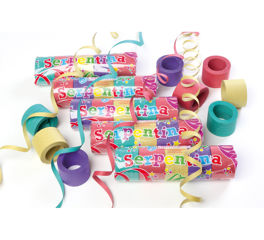 Paquete de 25 rollitos de Serpentina Plus de colores variados. Precio por paquete de 25 rollitos, en la imagen aparecen varios paquetes. Perfecta para cualquier tipo de Fiesta, Cabalgatas, Cotillón, etc. etc.