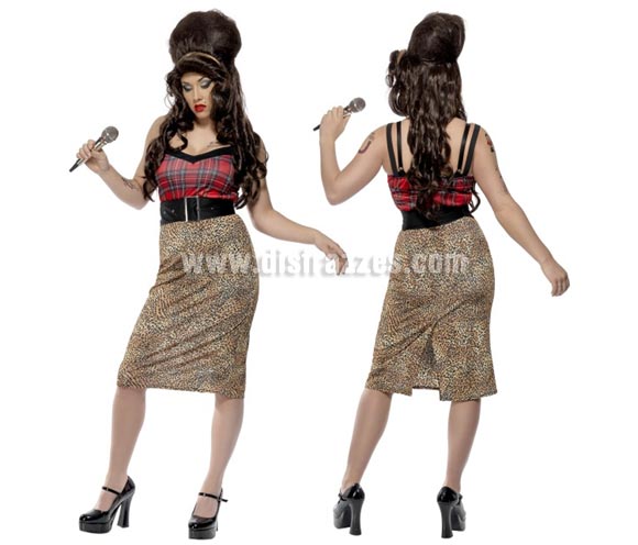 Disfraz de Amy Winehouse para mujer talla L. Incluye vestido, cinturón y flor con goma para la cabeza. Medias, zapatos, micrófono y peluca NO incluidos. El micrófono y la peluca la podrás ver en la sección de Complementos.