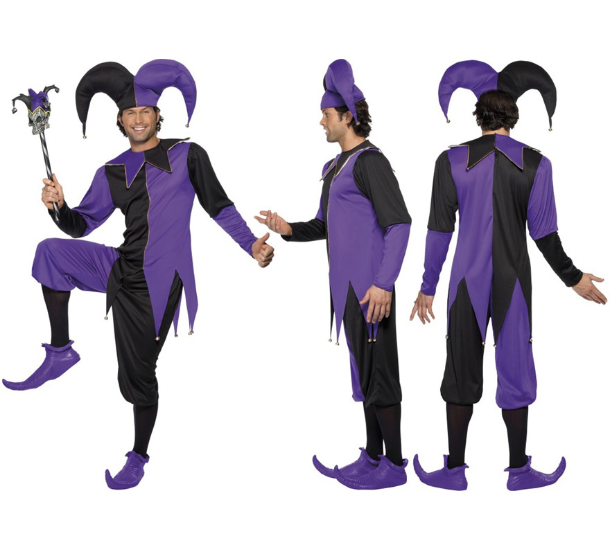 Disfraz de Bufón Medieval para hombre talla M. Inlcluye camisa con cuello, pantalones y gorro.