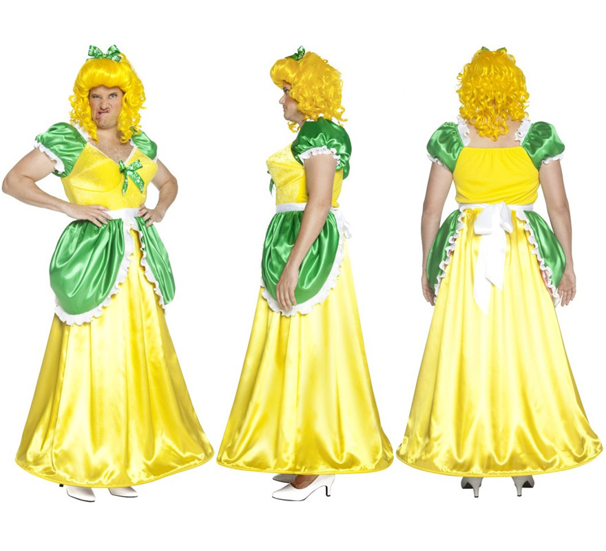 Disfraz de Hermanastra de Cenicienta amarillo para hombre talla M. Incluye disfraz SIN peluca, podrás verla en la sección de Complementos. Ideal para Despedidas de Soltero.