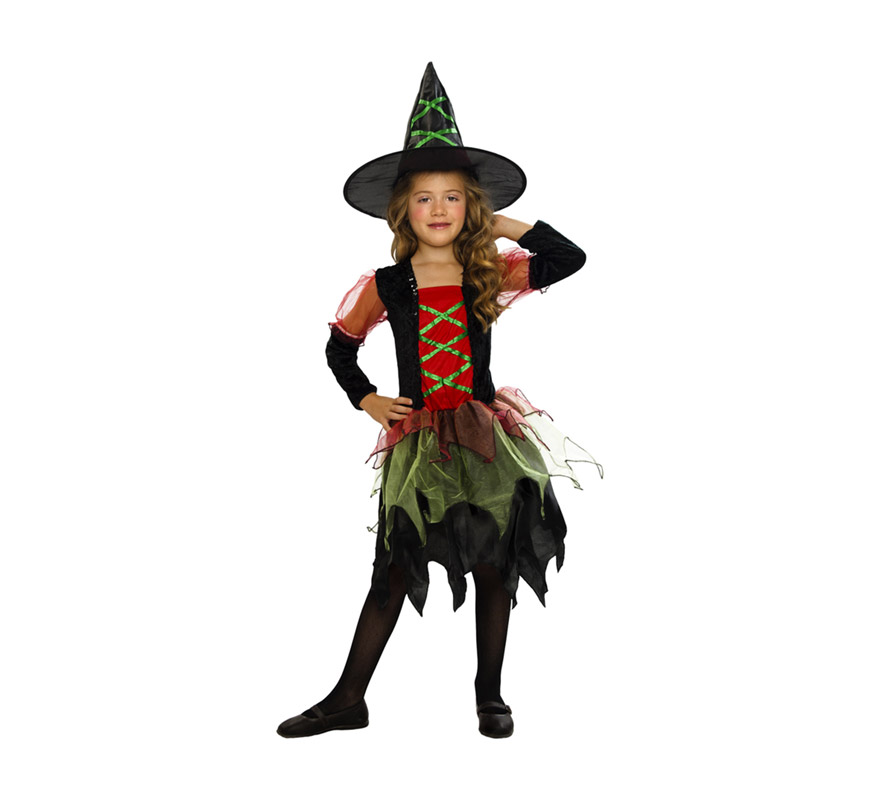 Disfraz de Brujita Colores económico talla de 5 a 6 años. Incluye sombrero y vestido. Escoba NO incluida, podrás verla en la sección de Complementos. Disfraz de Bruja para niña.
