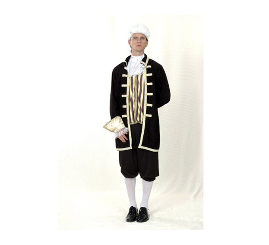Disfraz barato de Cortesano para hombre. Talla standar M-L = 52/54. Incluye chaqueta, pechera con cuello y pantalón. Puede servir cómo disfraz de Época para hombre.