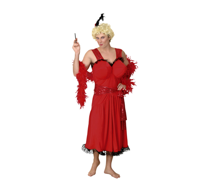 Disfraz barato de Cabaretera para Hombre. Talla Standar M-L 52/54. Incluye vestido, tocado y cinturón. Peluca, pipa y boa NO incluido, podrás verlo en la sección de Complementos y Pelucas. Éste disfraz es muy cachondo y perfecto para Despedidas de Soltero.