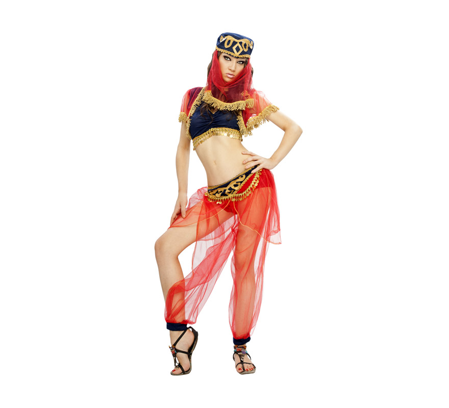 Disfraz barato de Odalisca para mujer. Talla standar M-L = 38/42. Incluye tocado, top y pantalón. Platillos NO incluidos. Disfraz de mujer del Arén o mujer Árabe perfecto para Carnaval, Fiestas o incluso se ha utilizado como traje de Paje Real de mujer en Cabalgatas de Reyes.