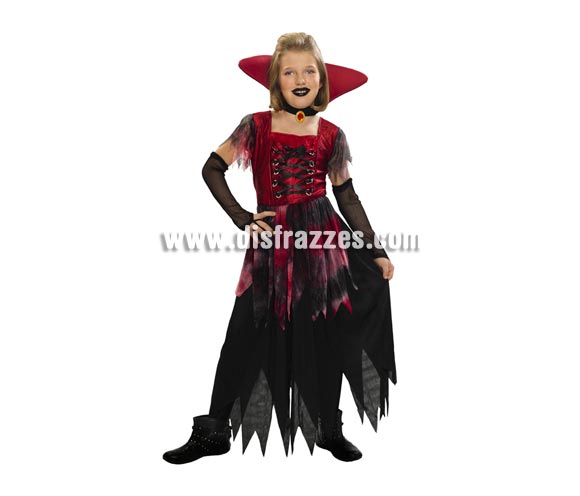 Disfraz de Vampiresa Gótica barato para Halloween. Talla de 5 a 6 años. Incluye vestido, cuello y guantes. Éste disfraz de Halloween es ideal para celebrar la Fiesta de la Noche de las Brujas cada vez más arraigada en nuestro País en Pub's, Discotecas, Casas particulares,  Restaurantes o Colegios y ayudar a crear un ambiente terrorífico y tenebroso indispensable para la Noche de Halloween la cual se celebra la víspera de Todos los Santos.
¡¡Compra tu disfraz para Halloween en nuestra tienda de disfraces, será divertido!!

