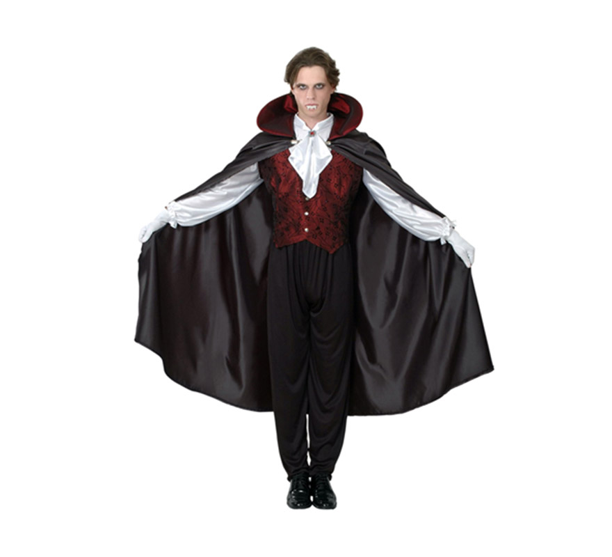 Disfraz de Vampiro Gótico adulto para Halloween. Talla Standar M-L = 52/54. Disfraz de Drácula barato para Halloween que incluye camisa con chaleco, capa con cuello y pantalón. Dientes de Drácula NO incluidos, podrás verlos en las sección de Complementos de Halloween. Éste disfraz de Halloween es ideal para celebrar la Fiesta de la Noche de las Brujas cada vez más arraigada en nuestro País en Pub's, Discotecas, Casas particulares,  Restaurantes o Colegios y ayudar a crear un ambiente terrorífico y tenebroso indispensable para la Noche de Halloween la cual se celebra la víspera de Todos los Santos.
¡¡Compra tu disfraz para Halloween en nuestra tienda de disfraces, será divertido!!