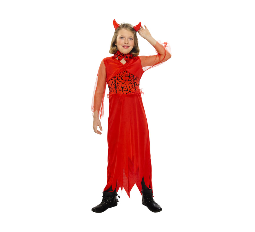 Disfraz de Diablesa barato para Halloween. Talla de 4 a 6 años. Incluye vestido, cuello y tocado. Tridente NO incluido, podrás verlo en la sección de Complementos. Éste disfraz de Halloween es ideal para celebrar la Fiesta de la Noche de las Brujas cada vez más arraigada en nuestro País en Pub's, Discotecas, Casas particulares,  Restaurantes o Colegios y ayudar a crear un ambiente terrorífico y tenebroso indispensable para la Noche de Halloween la cual se celebra la víspera de Todos los Santos.
¡¡Compra tu disfraz para Halloween en nuestra tienda de disfraces, será divertido!!