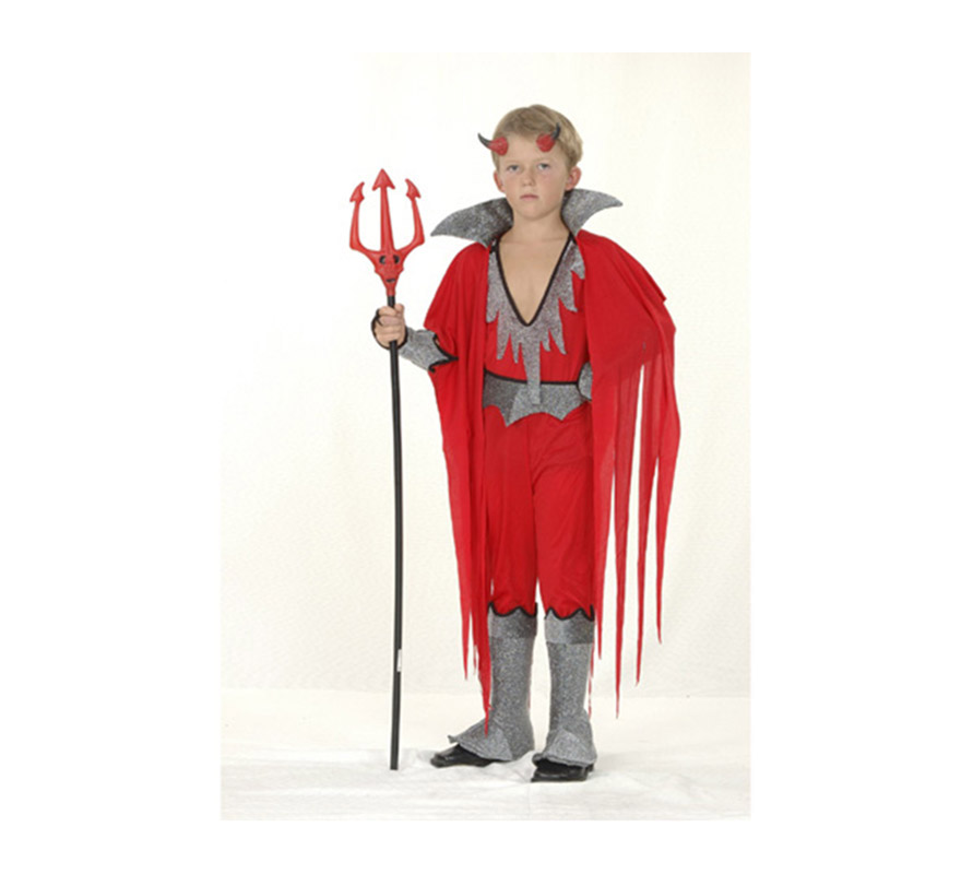 Disfraz de Diablo o Demonio económico talla de 4 a 6 años. Incluye mono con cubrebotas, capa con cuello, cuernos y brazalete. Tridente NO incluido.