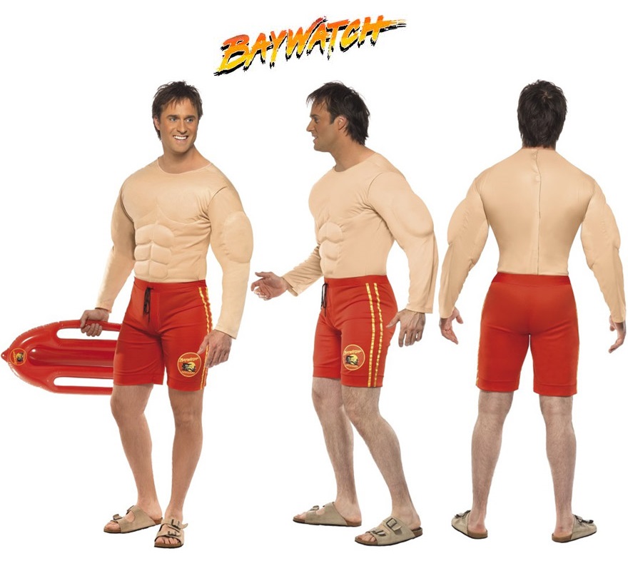 Disfraz de Vigilante de la Playa musculoso para hombre talla M. Incluye el pecho musculoso bañador. Ideal para Despedidas de Soltero.