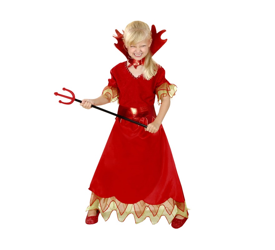 Disfraz de Diablesa infantil barato para Halloween. Talla de 7 a 9 años. Incluye vestido, cinturón y cuello. Tridente NO incluido, podrás verlo en la sección Complementos. Éste disfraz de Halloween es ideal para celebrar la Fiesta de la Noche de las Brujas cada vez más arraigada en nuestro País en Pub's, Discotecas, Casas particulares,  Restaurantes o Colegios y ayudar a crear un ambiente terrorífico y tenebroso indispensable para la Noche de Halloween la cual se celebra la víspera de Todos los Santos.
¡¡Compra tu disfraz para Halloween en nuestra tienda de disfraces, será divertido!!