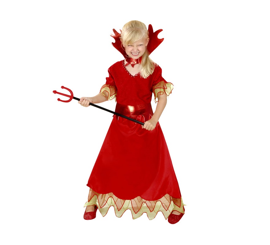 Disfraz de Diablesa barato para Halloween. Talla de 10 a 12 años. Incluye vestido, cinturón y cuello. Tridente NO incluido, podrás verlo en la sección Complementos para Halloween. Éste disfraz de Halloween es ideal para celebrar la Fiesta de la Noche de las Brujas cada vez más arraigada en nuestro País en Pub's, Discotecas, Casas particulares,  Restaurantes o Colegios y ayudar a crear un ambiente terrorífico y tenebroso indispensable para la Noche de Halloween la cual se celebra la víspera de Todos los Santos.
¡¡Compra tu disfraz para Halloween en nuestra tienda de disfraces, será divertido!!