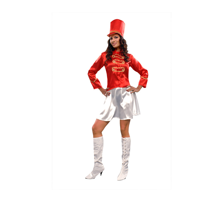 Disfraz de Majorette rojo para mujer. Talla Standar M-L 38/42. Incluye sombrero, chaqueta y falda. Bastón NO incluido.