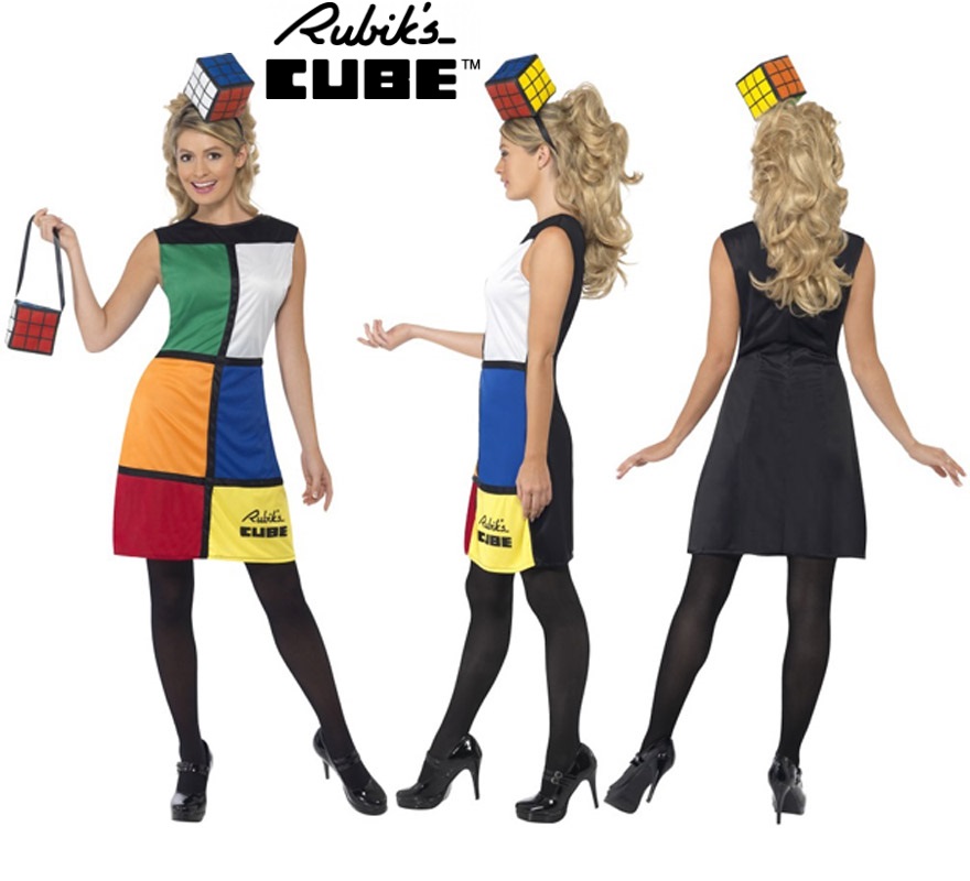 Disfraz de Cubo de Rubik's para mujer talla L. Incluye vestido, diadema y bolso.