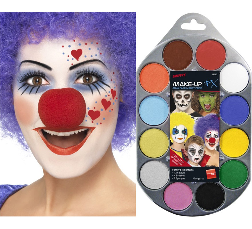 Paleta de maquillaje al agua 12 colores. Incluye 4 cepillos esponja y guía con ejemplos prácticos.