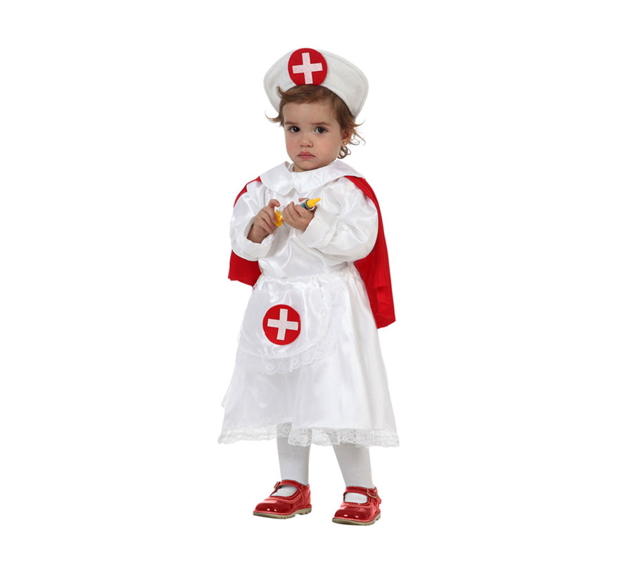 Disfraz de Enfermera para niñas de 12 a 24 meses. Precioso disfraz que tanto gusta a las niñas. Incluye disfraz completo. Termometro NO incluido, podras encontrarlo en nuestra sección de complementos.