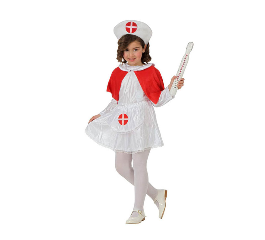 Disfraz de Enfermera para niñas de 5 a 6 años. Precioso disfraz que tanto gusta a las niñas. Inclutye vestido y cofia. Termometro y medias NO incluidas.