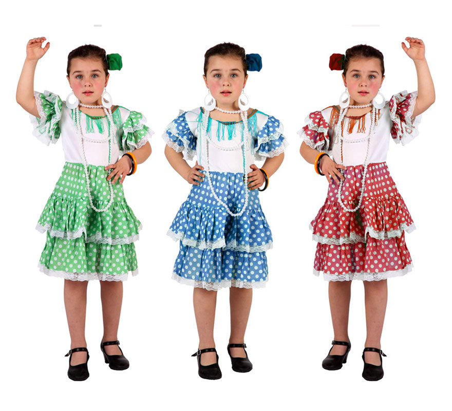Disfraz de Sevillana niña talla de 5 a 6 años. Colores surtidos. Incluye vestido. Precio por unidad, se venden por separado. ¡¡Compra tu disfraz para Carnaval en nuestra tienda de disfraces, será divertido!!
