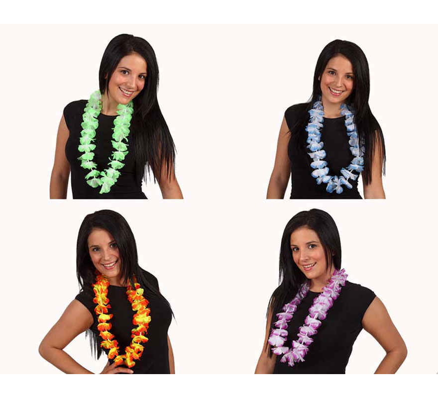Collar Hawaiano flores de tela bicolor. Cuatro colores surtidos. Precio por unidad, se venden por separado.